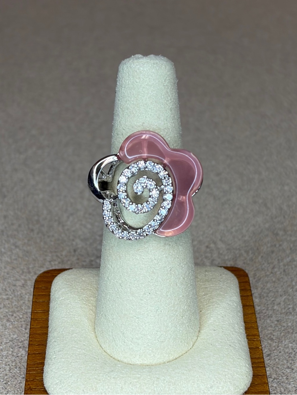 Camille Lucie Pink Lucite Floral Spiral Crystal Statement Ring